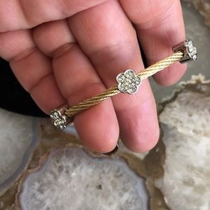 Golden Twisted Steel Cable Bracelet with Pavé Flower Charms-Boutique